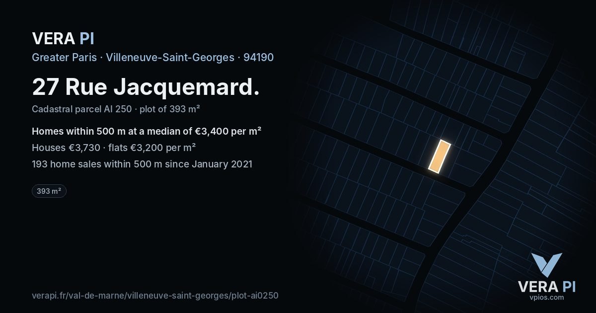 27 Rue Jacquemard, Villeneuve-Saint-Georges at night – the plot lit, the parcels around coloured by the prices near them