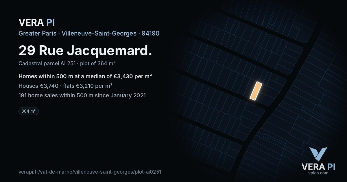 29 Rue Jacquemard, Villeneuve-Saint-Georges at night – the plot lit, the parcels around coloured by the prices near them