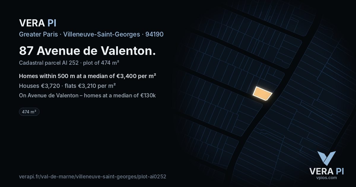 87 Avenue de Valenton, Villeneuve-Saint-Georges at night – the plot lit, the parcels around coloured by the prices near them