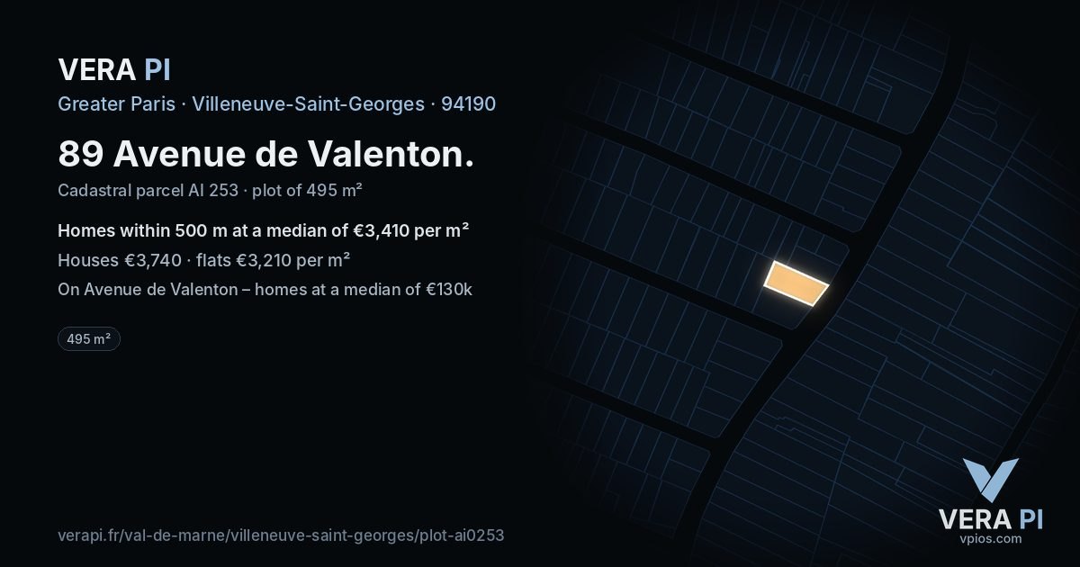 89 Avenue de Valenton, Villeneuve-Saint-Georges at night – the plot lit, the parcels around coloured by the prices near them