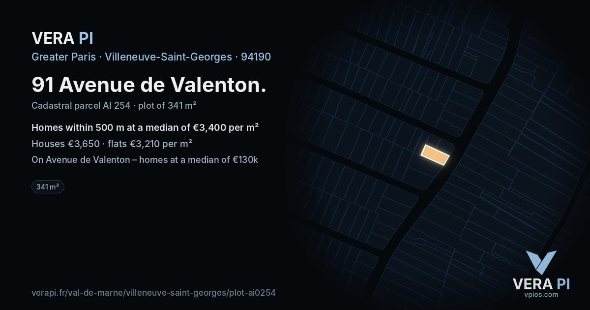 91 Avenue de Valenton, Villeneuve-Saint-Georges at night – the plot lit, the parcels around coloured by the prices near them