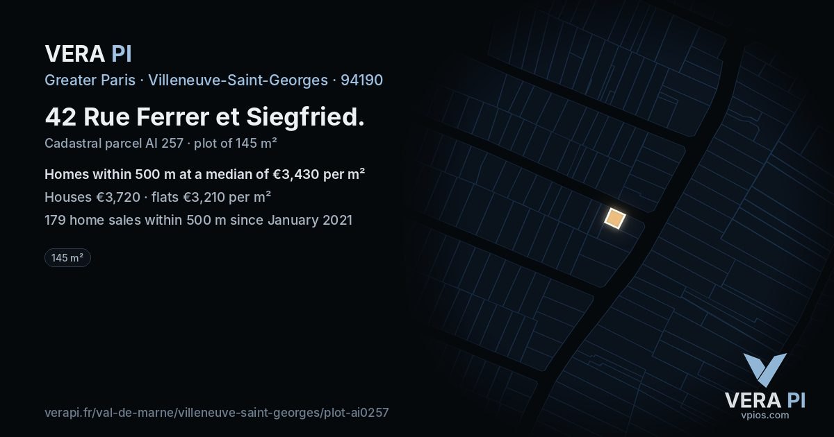 42 Rue Ferrer et Siegfried, Villeneuve-Saint-Georges at night – the plot lit, the parcels around coloured by the prices near them