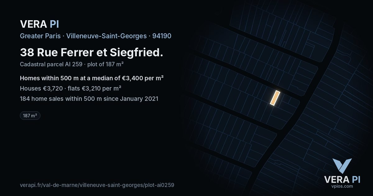 38 Rue Ferrer et Siegfried, Villeneuve-Saint-Georges at night – the plot lit, the parcels around coloured by the prices near them