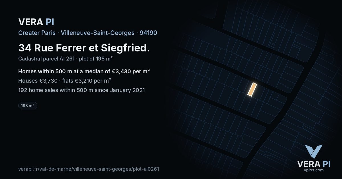 34 Rue Ferrer et Siegfried, Villeneuve-Saint-Georges at night – the plot lit, the parcels around coloured by the prices near them