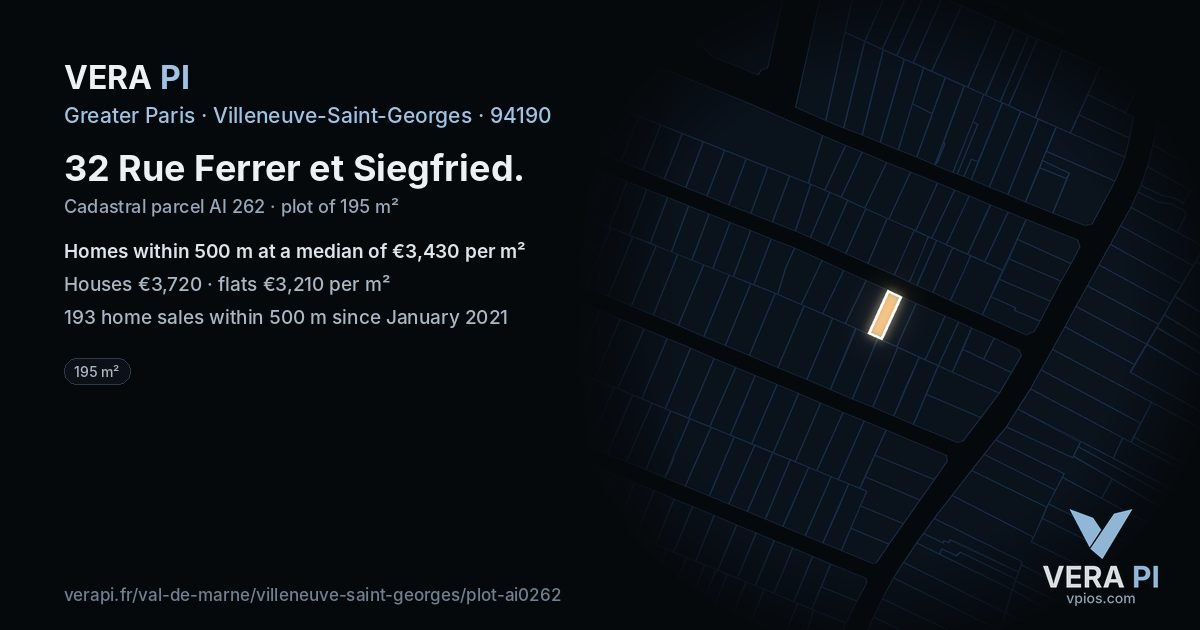 32 Rue Ferrer et Siegfried, Villeneuve-Saint-Georges at night – the plot lit, the parcels around coloured by the prices near them