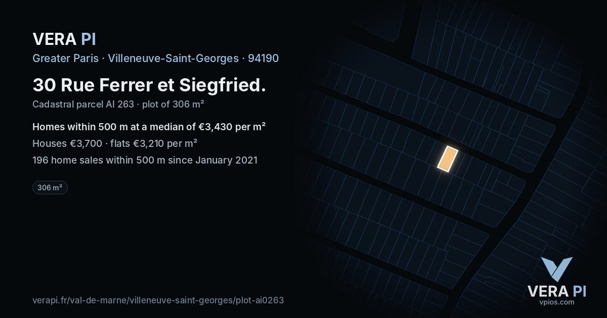30 Rue Ferrer et Siegfried, Villeneuve-Saint-Georges at night – the plot lit, the parcels around coloured by the prices near them