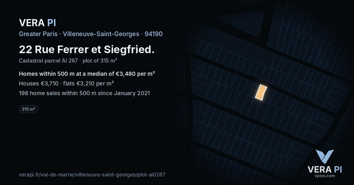 22 Rue Ferrer et Siegfried, Villeneuve-Saint-Georges at night – the plot lit, the parcels around coloured by the prices near them