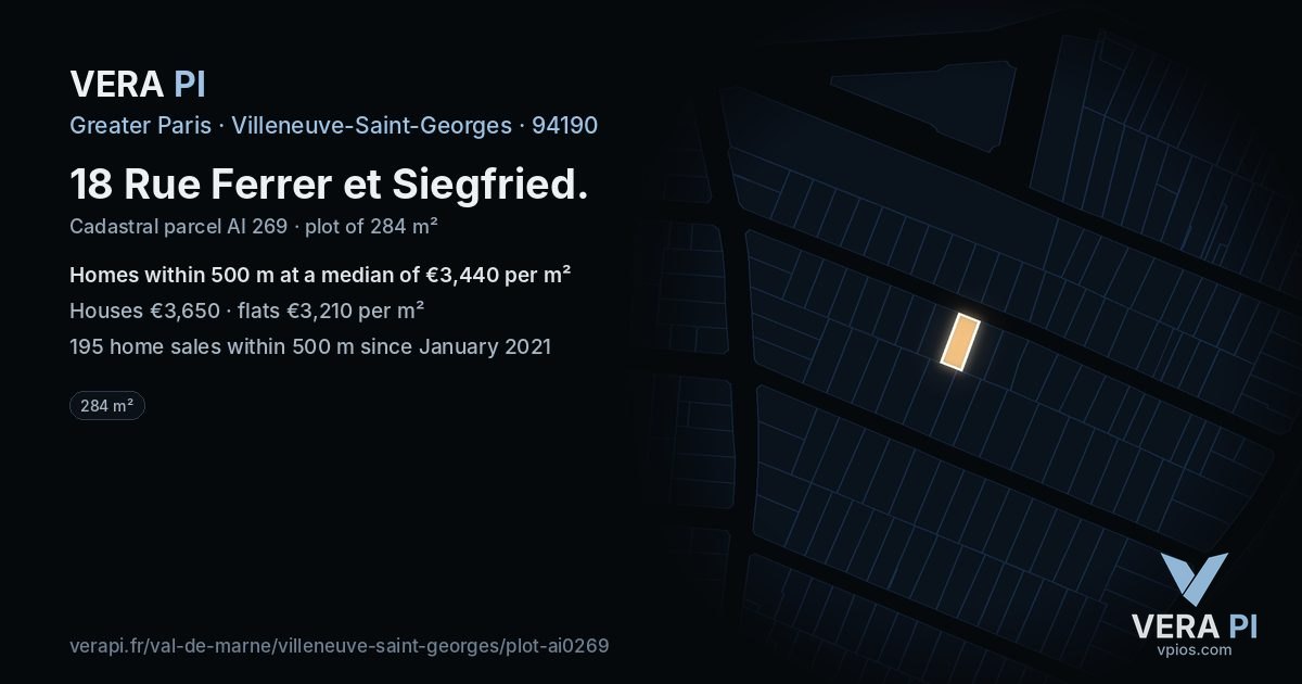 18 Rue Ferrer et Siegfried, Villeneuve-Saint-Georges at night – the plot lit, the parcels around coloured by the prices near them