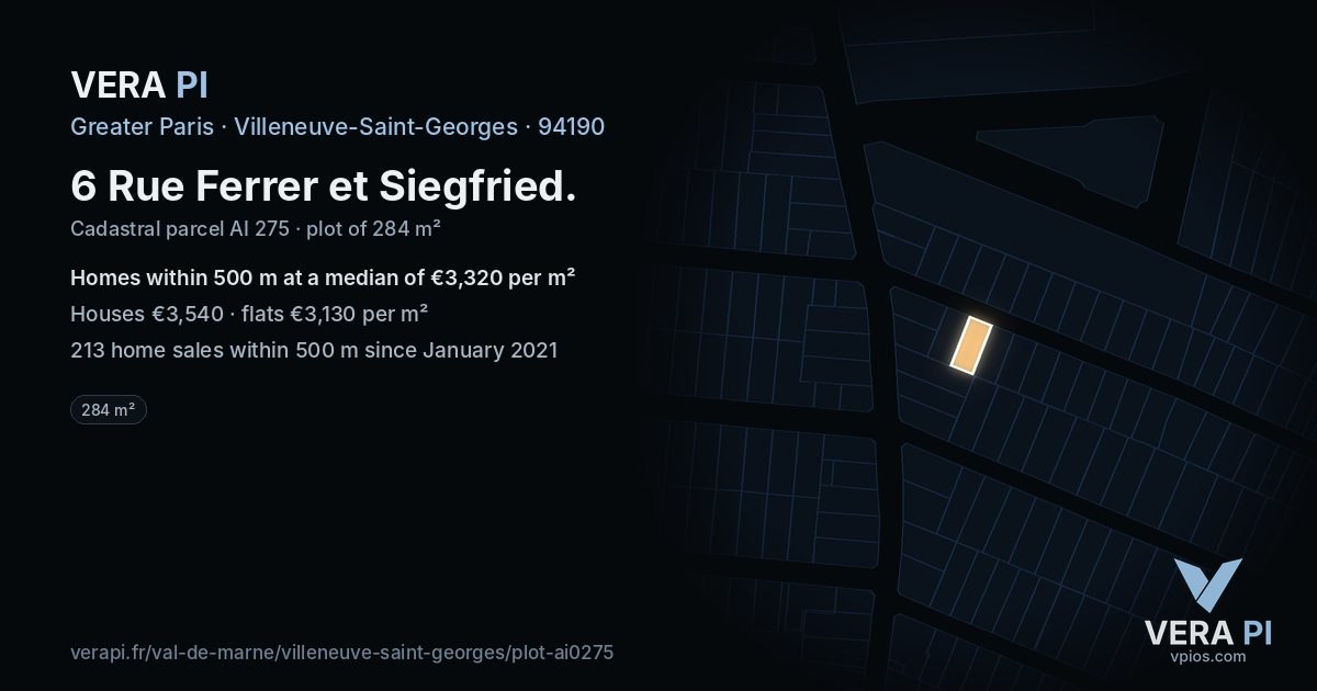 6 Rue Ferrer et Siegfried, Villeneuve-Saint-Georges at night – the plot lit, the parcels around coloured by the prices near them