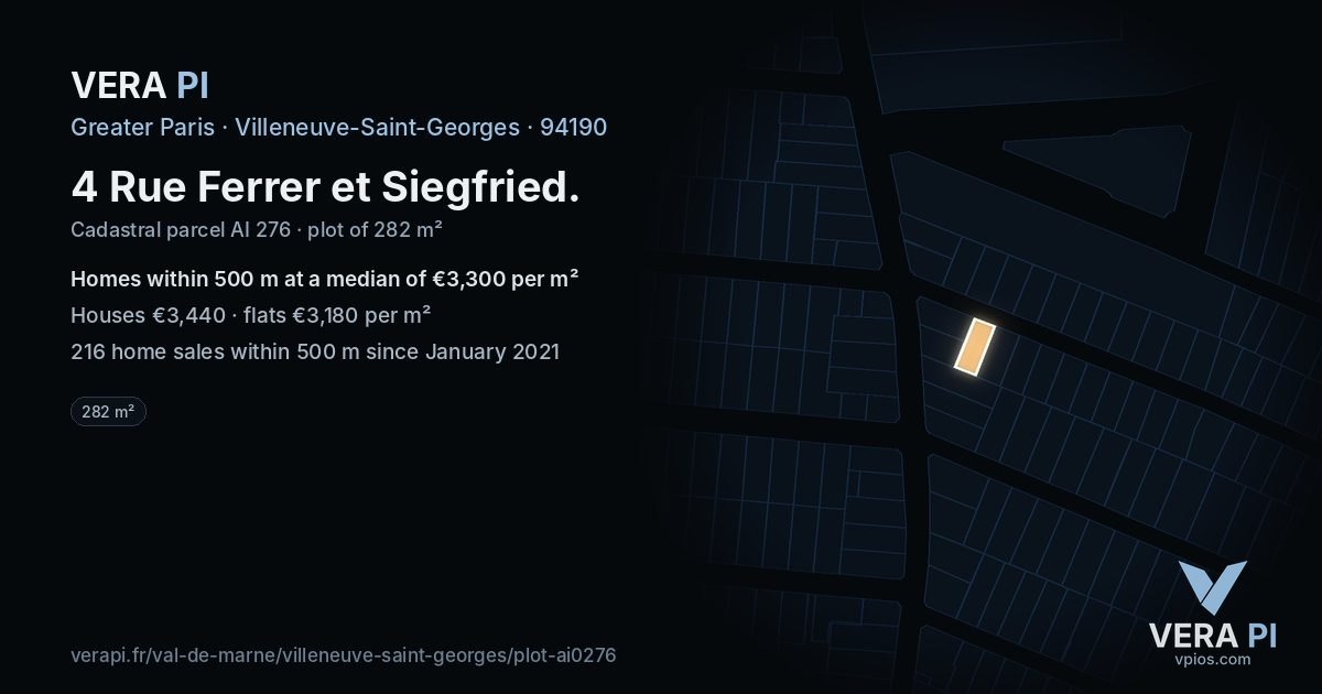4 Rue Ferrer et Siegfried, Villeneuve-Saint-Georges at night – the plot lit, the parcels around coloured by the prices near them