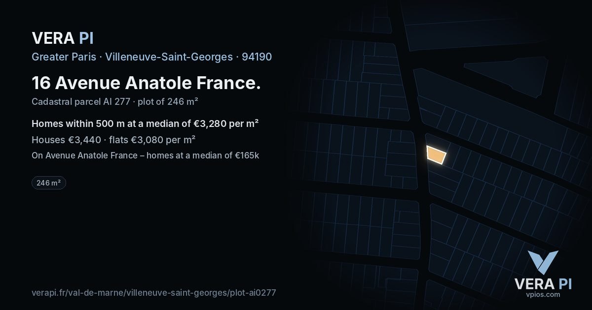 16 Avenue Anatole France, Villeneuve-Saint-Georges at night – the plot lit, the parcels around coloured by the prices near them