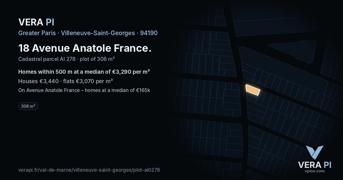 18 Avenue Anatole France, Villeneuve-Saint-Georges at night – the plot lit, the parcels around coloured by the prices near them