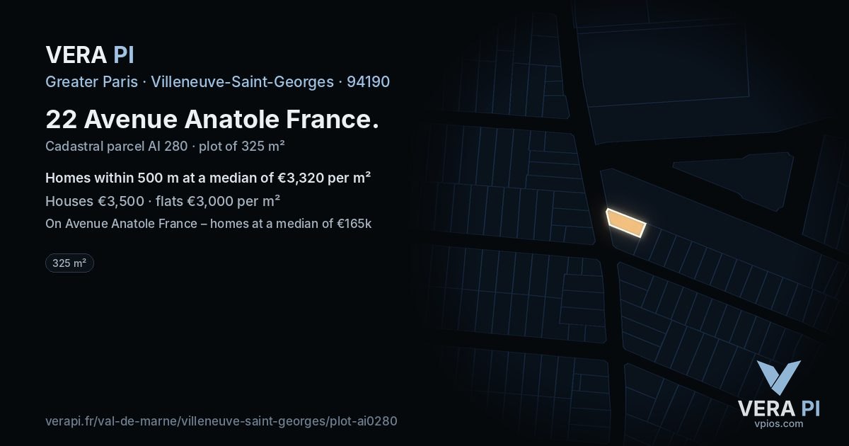 22 Avenue Anatole France, Villeneuve-Saint-Georges at night – the plot lit, the parcels around coloured by the prices near them