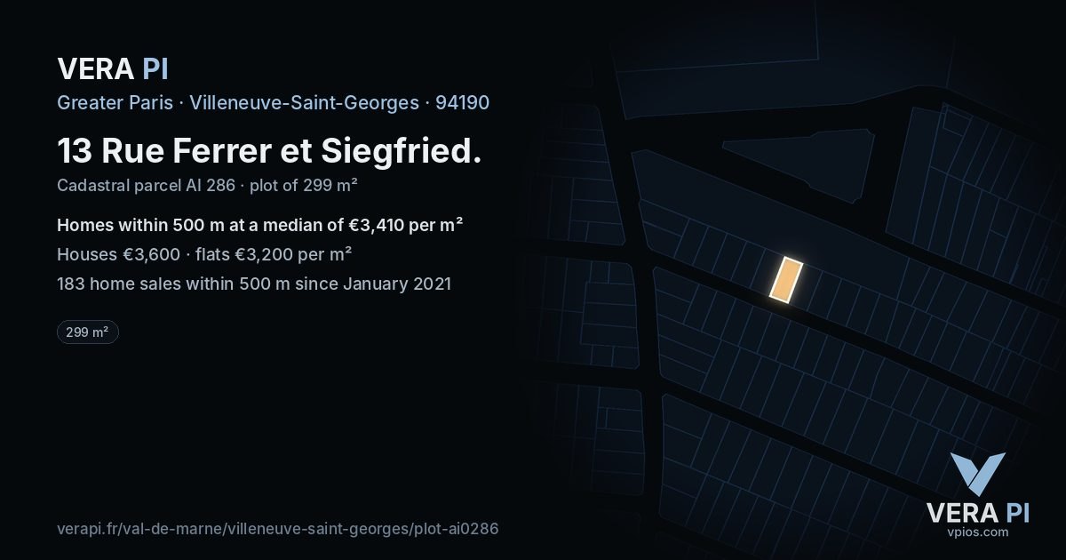 13 Rue Ferrer et Siegfried, Villeneuve-Saint-Georges at night – the plot lit, the parcels around coloured by the prices near them