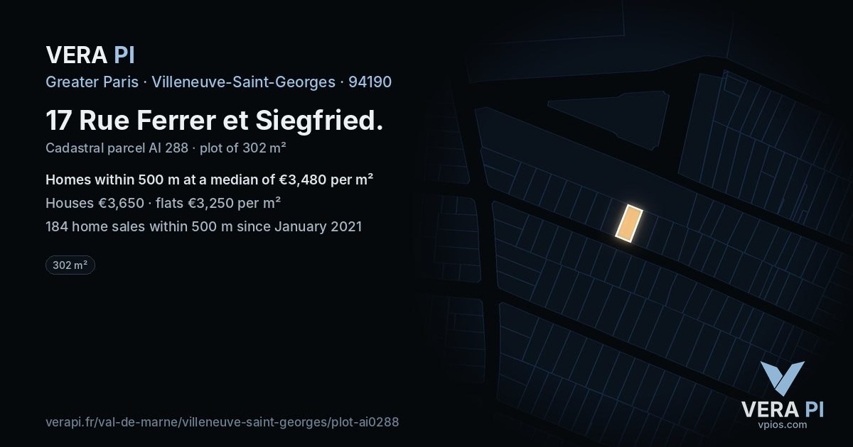17 Rue Ferrer et Siegfried, Villeneuve-Saint-Georges at night – the plot lit, the parcels around coloured by the prices near them
