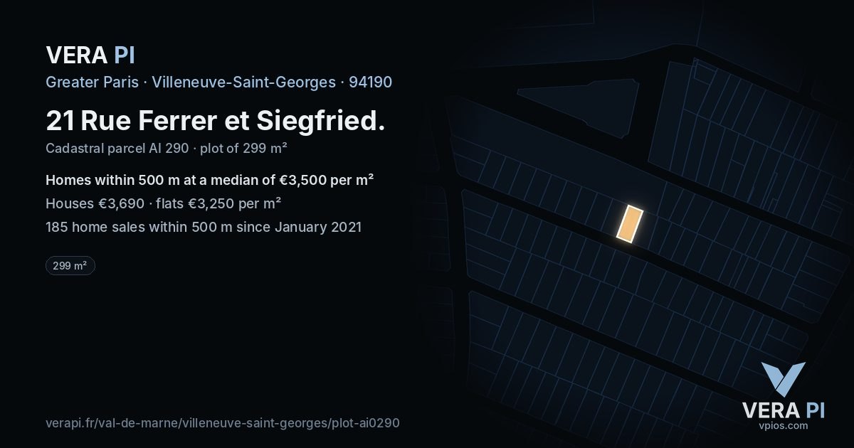 21 Rue Ferrer et Siegfried, Villeneuve-Saint-Georges at night – the plot lit, the parcels around coloured by the prices near them