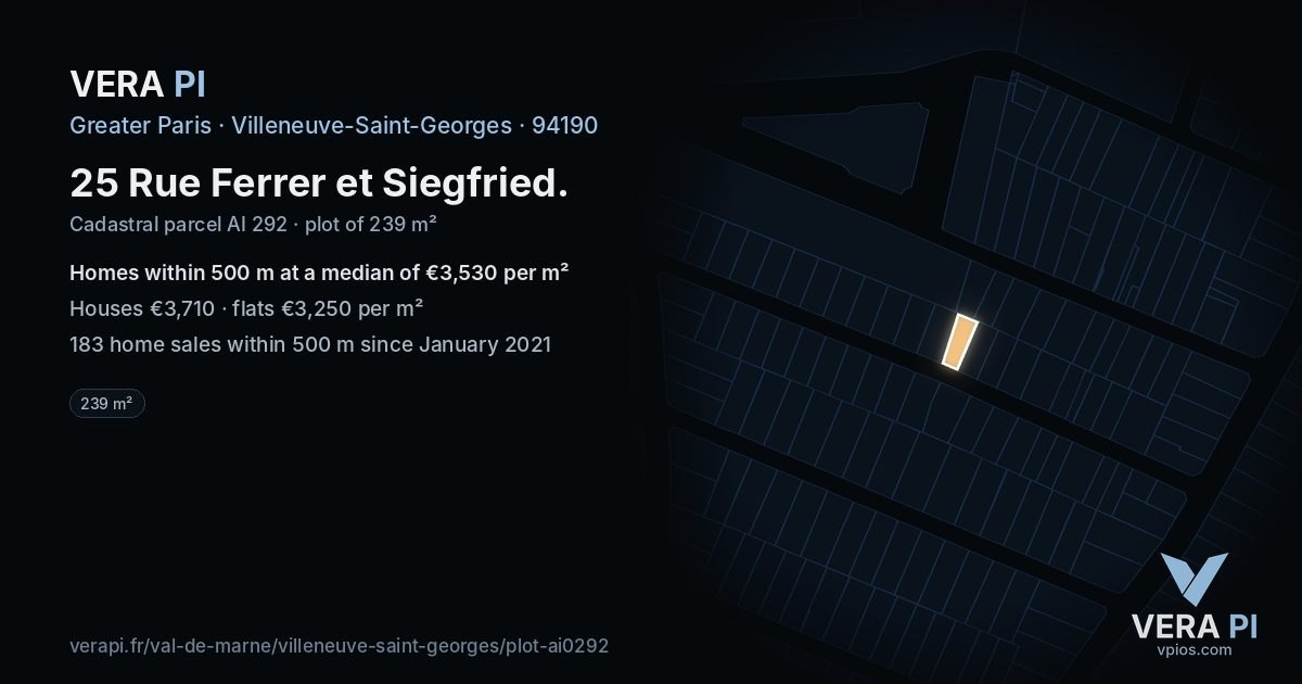 25 Rue Ferrer et Siegfried, Villeneuve-Saint-Georges at night – the plot lit, the parcels around coloured by the prices near them