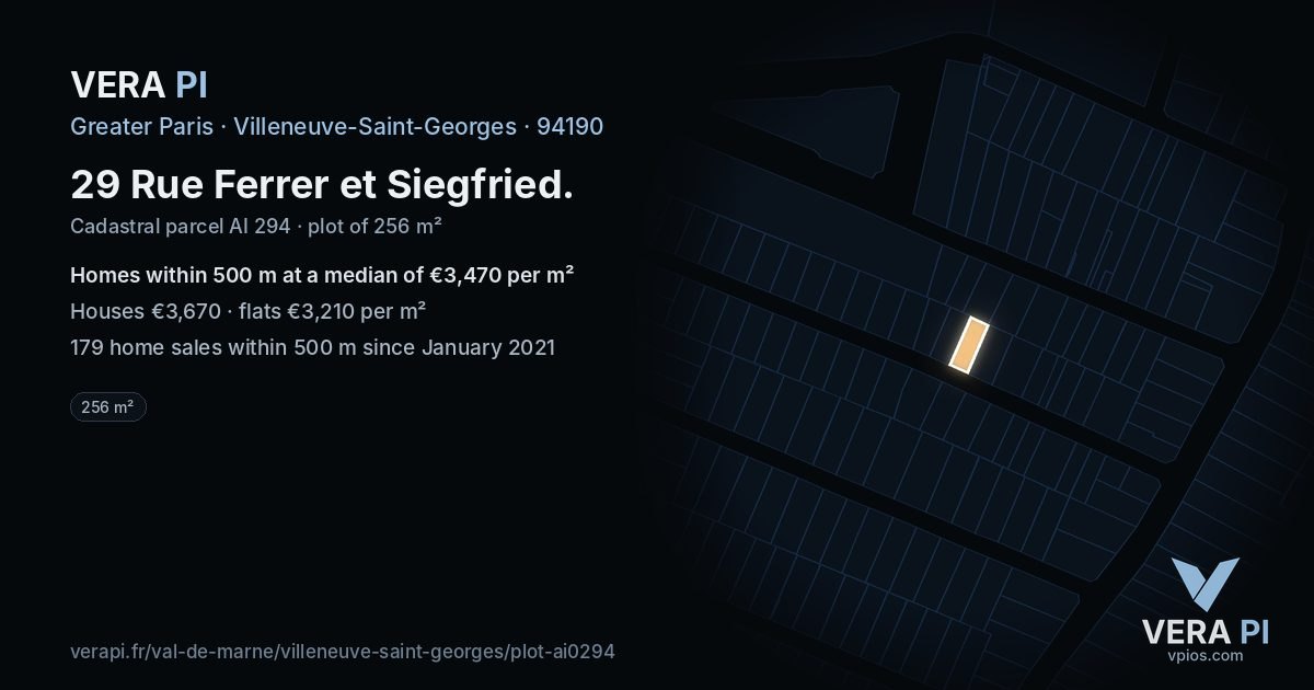 29 Rue Ferrer et Siegfried, Villeneuve-Saint-Georges at night – the plot lit, the parcels around coloured by the prices near them