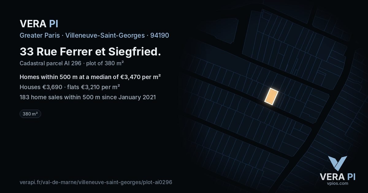 33 Rue Ferrer et Siegfried, Villeneuve-Saint-Georges at night – the plot lit, the parcels around coloured by the prices near them