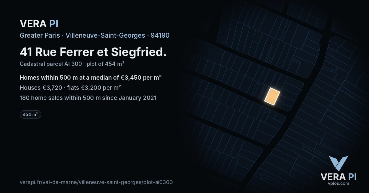 41 Rue Ferrer et Siegfried, Villeneuve-Saint-Georges at night – the plot lit, the parcels around coloured by the prices near them