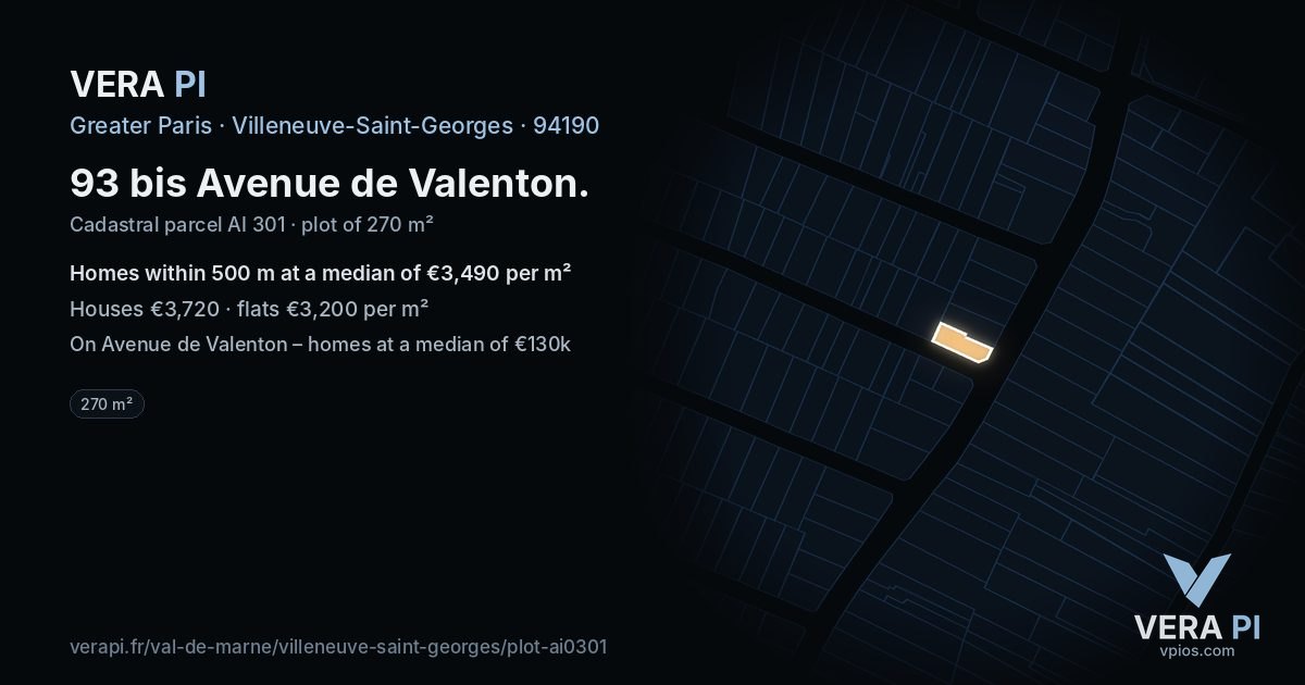 93 bis Avenue de Valenton, Villeneuve-Saint-Georges at night – the plot lit, the parcels around coloured by the prices near them