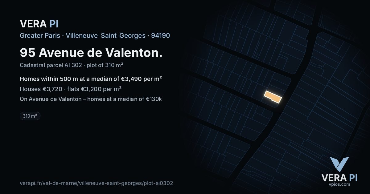 95 Avenue de Valenton, Villeneuve-Saint-Georges at night – the plot lit, the parcels around coloured by the prices near them