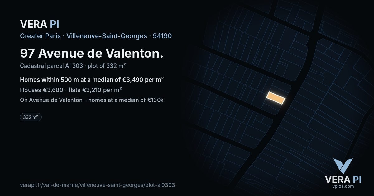 97 Avenue de Valenton, Villeneuve-Saint-Georges at night – the plot lit, the parcels around coloured by the prices near them