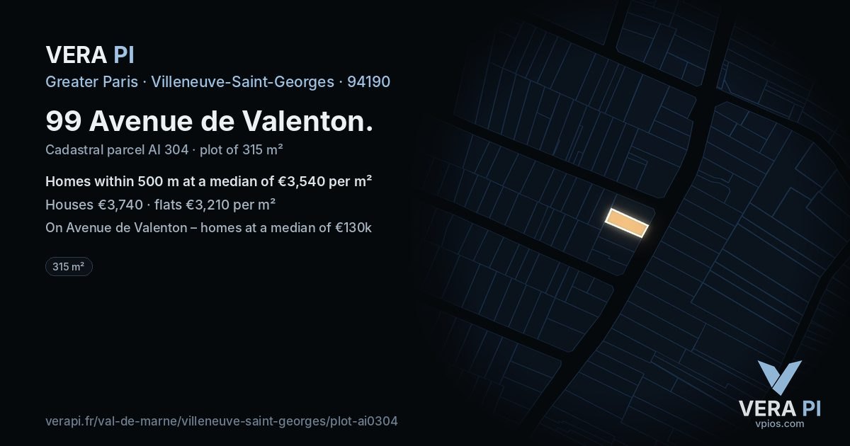 99 Avenue de Valenton, Villeneuve-Saint-Georges at night – the plot lit, the parcels around coloured by the prices near them