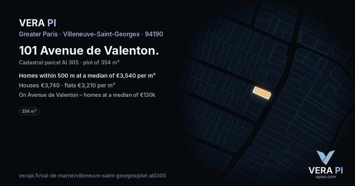 101 Avenue de Valenton, Villeneuve-Saint-Georges at night – the plot lit, the parcels around coloured by the prices near them