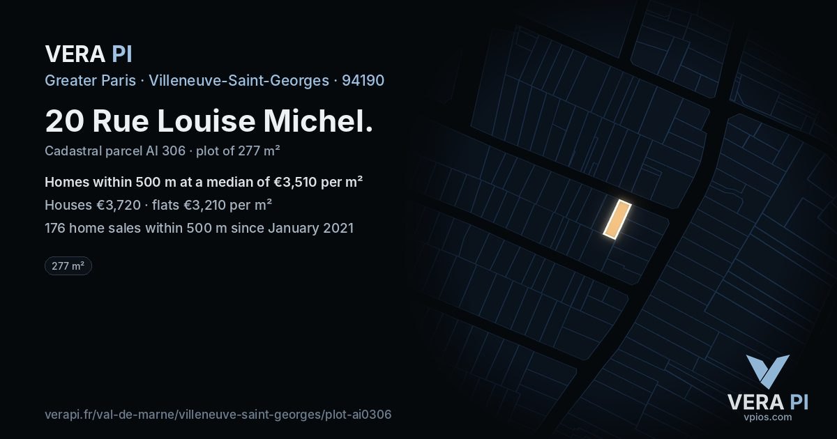 20 Rue Louise Michel, Villeneuve-Saint-Georges at night – the plot lit, the parcels around coloured by the prices near them