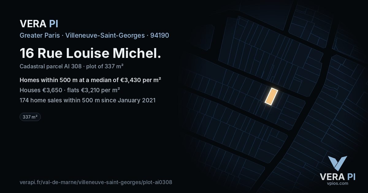 16 Rue Louise Michel, Villeneuve-Saint-Georges at night – the plot lit, the parcels around coloured by the prices near them