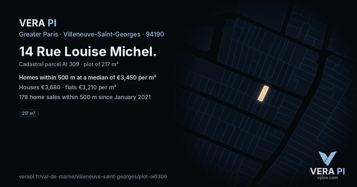 14 Rue Louise Michel, Villeneuve-Saint-Georges at night – the plot lit, the parcels around coloured by the prices near them