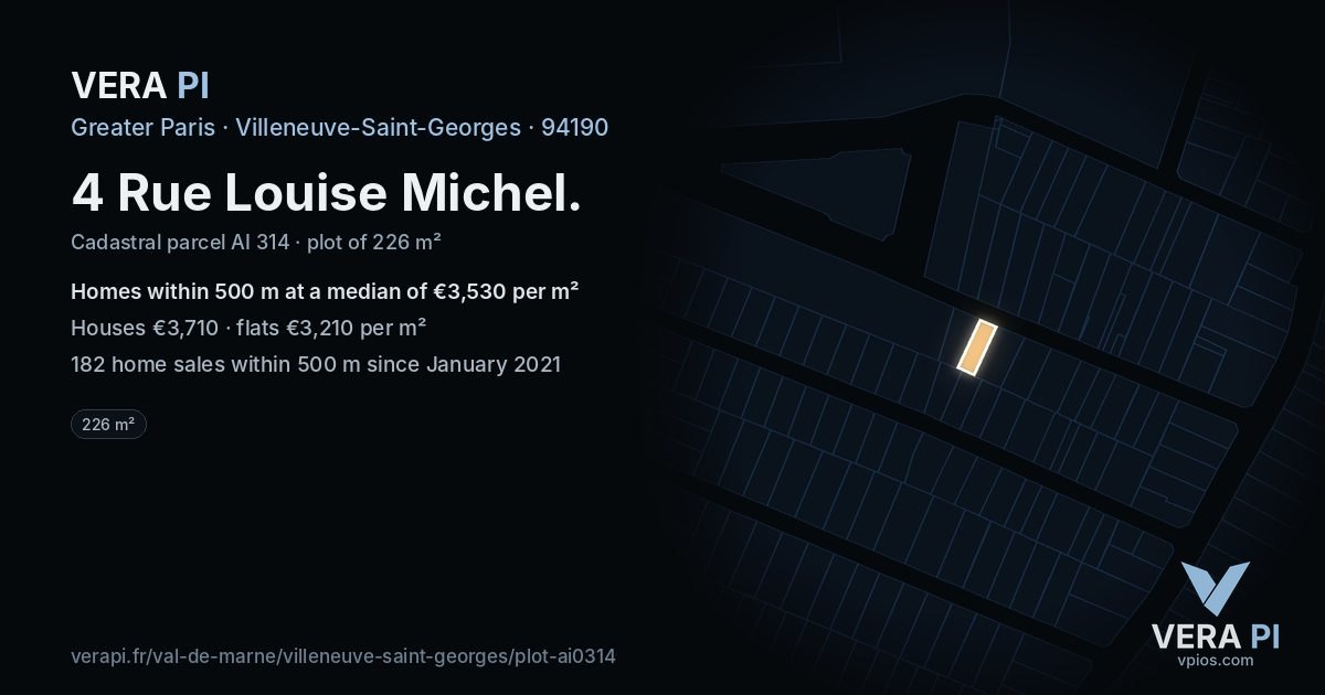 4 Rue Louise Michel, Villeneuve-Saint-Georges at night – the plot lit, the parcels around coloured by the prices near them