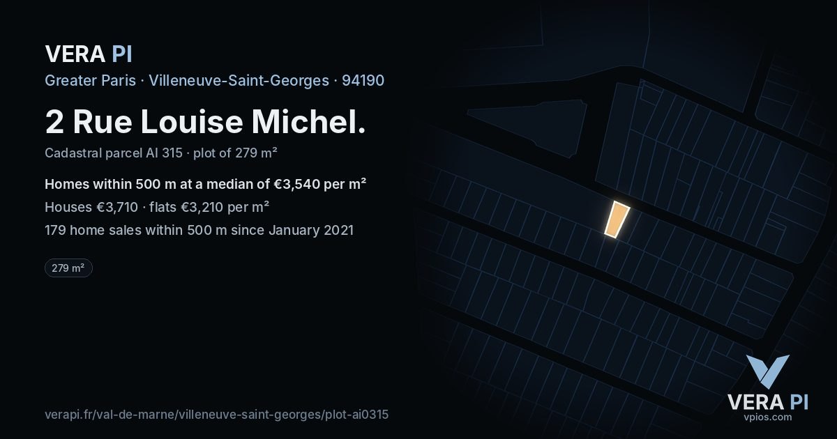 2 Rue Louise Michel, Villeneuve-Saint-Georges at night – the plot lit, the parcels around coloured by the prices near them