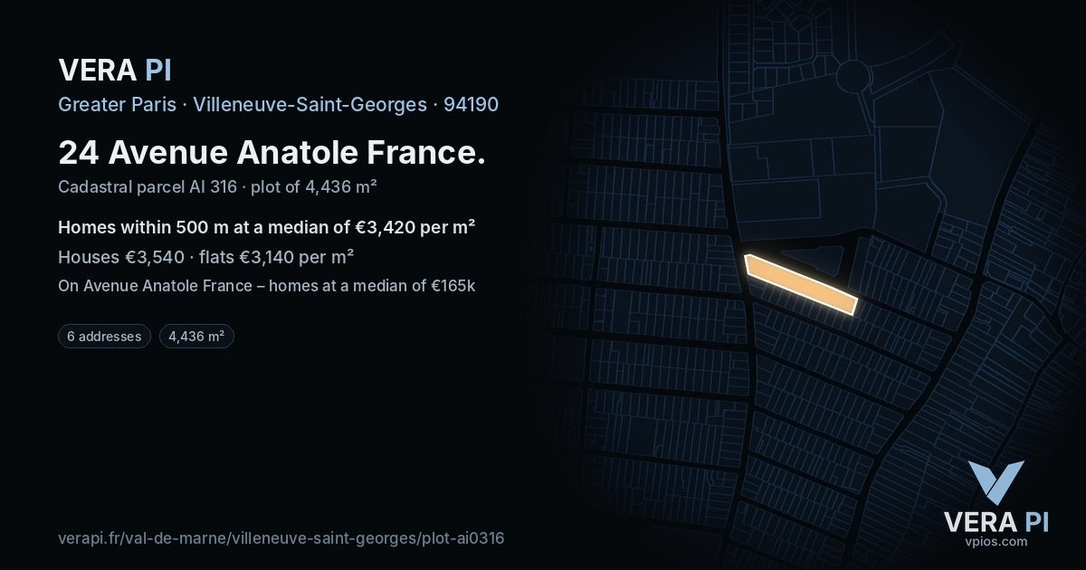 24 Avenue Anatole France, Villeneuve-Saint-Georges at night – the plot lit, the parcels around coloured by the prices near them
