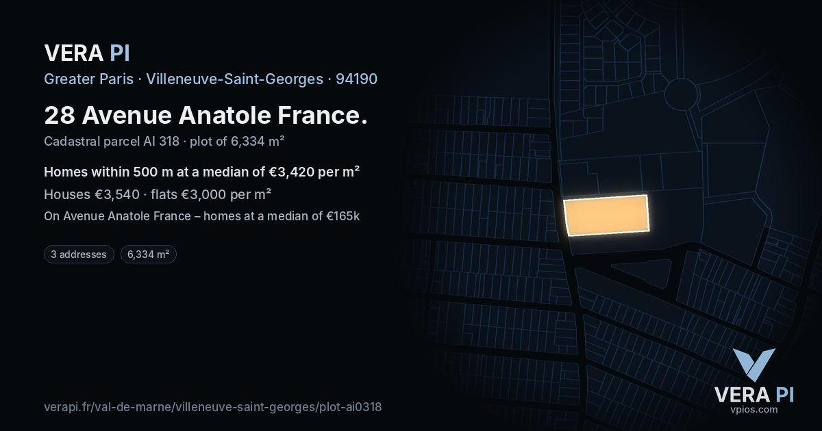 28 Avenue Anatole France, Villeneuve-Saint-Georges at night – the plot lit, the parcels around coloured by the prices near them