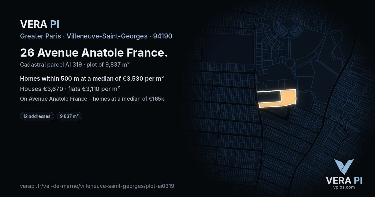 26 Avenue Anatole France, Villeneuve-Saint-Georges at night – the plot lit, the parcels around coloured by the prices near them