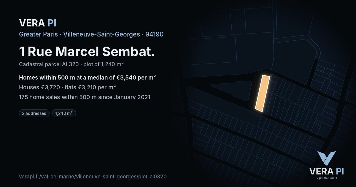 1 Rue Marcel Sembat, Villeneuve-Saint-Georges at night – the plot lit, the parcels around coloured by the prices near them