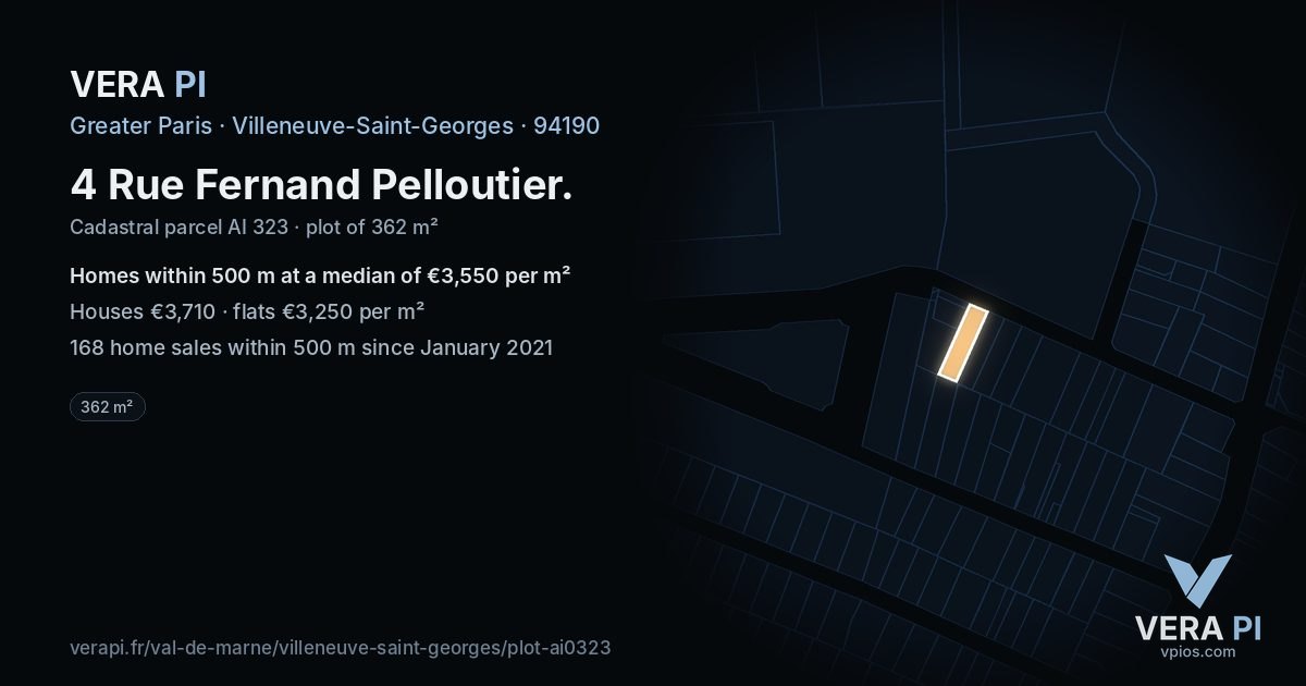 4 Rue Fernand Pelloutier, Villeneuve-Saint-Georges at night – the plot lit, the parcels around coloured by the prices near them