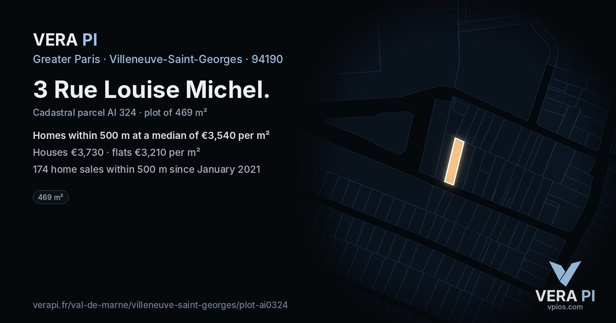3 Rue Louise Michel, Villeneuve-Saint-Georges at night – the plot lit, the parcels around coloured by the prices near them