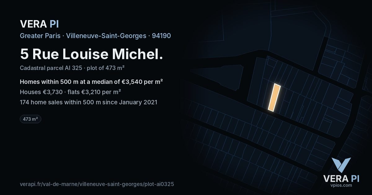 5 Rue Louise Michel, Villeneuve-Saint-Georges at night – the plot lit, the parcels around coloured by the prices near them