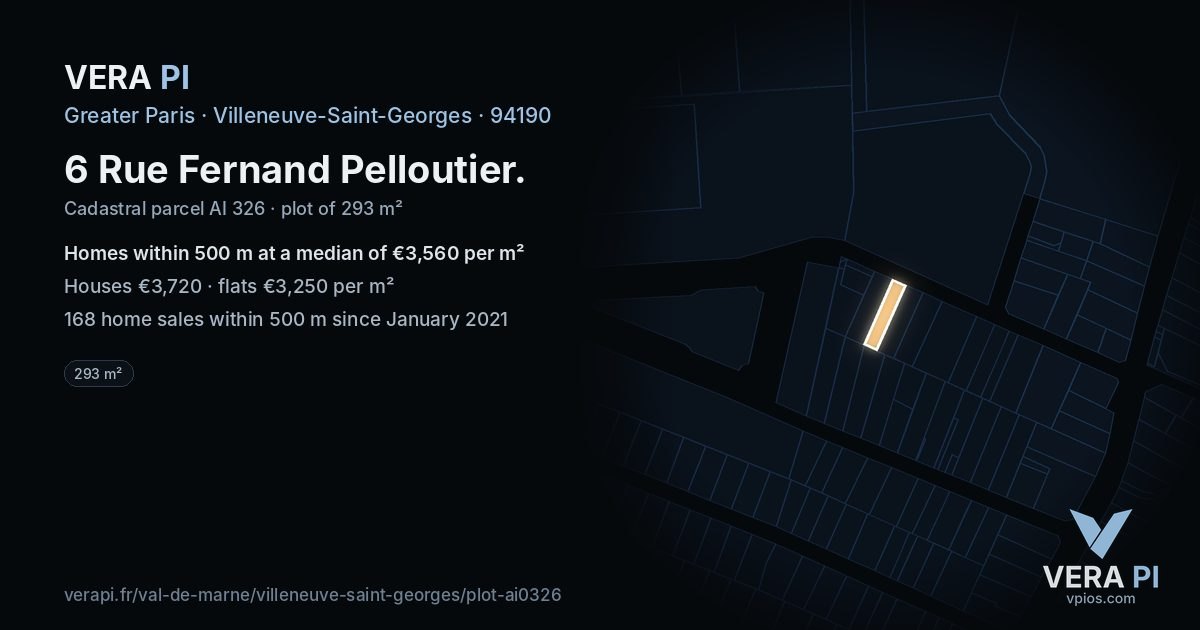 6 Rue Fernand Pelloutier, Villeneuve-Saint-Georges at night – the plot lit, the parcels around coloured by the prices near them