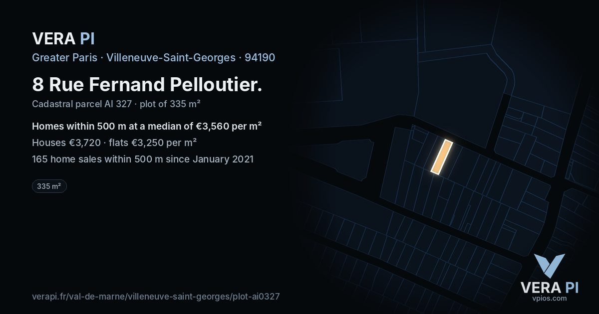 8 Rue Fernand Pelloutier, Villeneuve-Saint-Georges at night – the plot lit, the parcels around coloured by the prices near them
