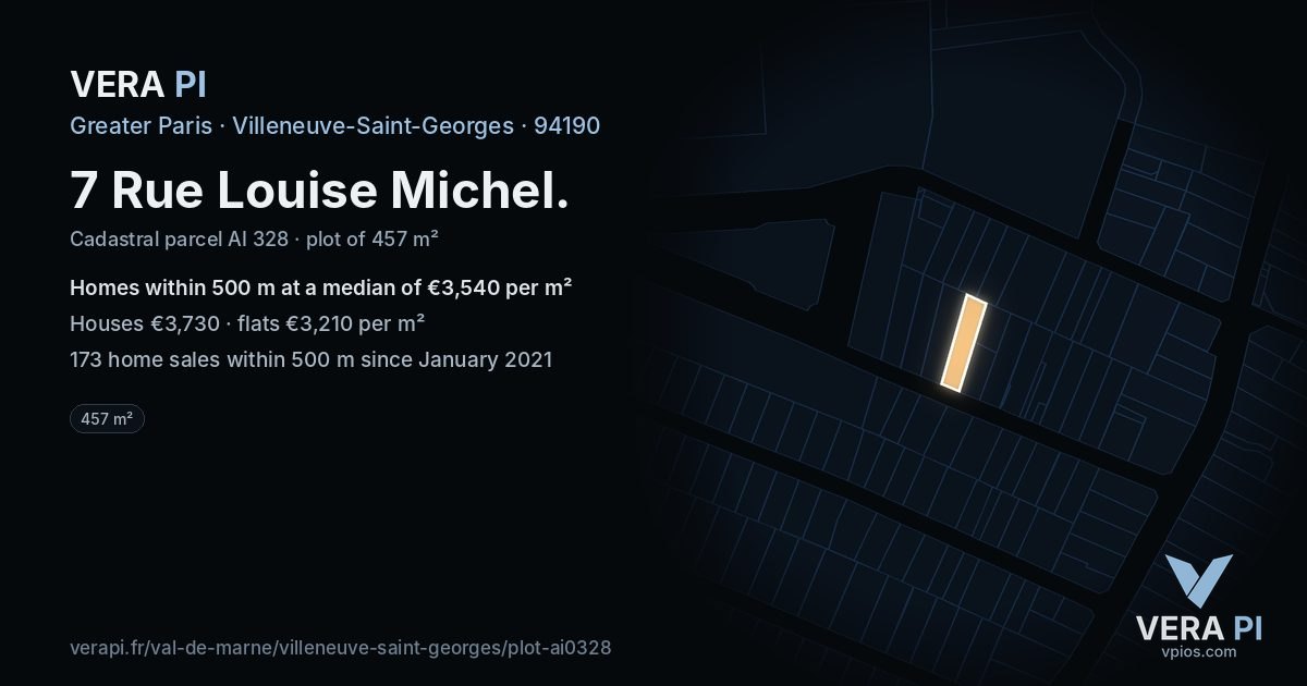 7 Rue Louise Michel, Villeneuve-Saint-Georges at night – the plot lit, the parcels around coloured by the prices near them