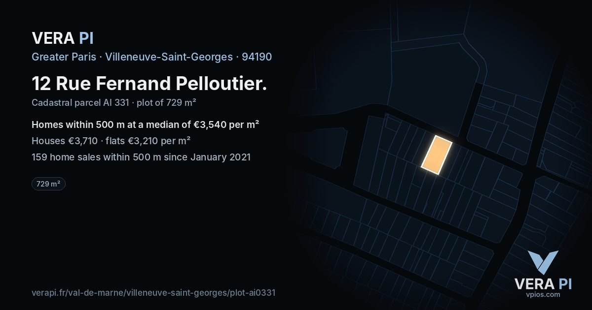 12 Rue Fernand Pelloutier, Villeneuve-Saint-Georges at night – the plot lit, the parcels around coloured by the prices near them