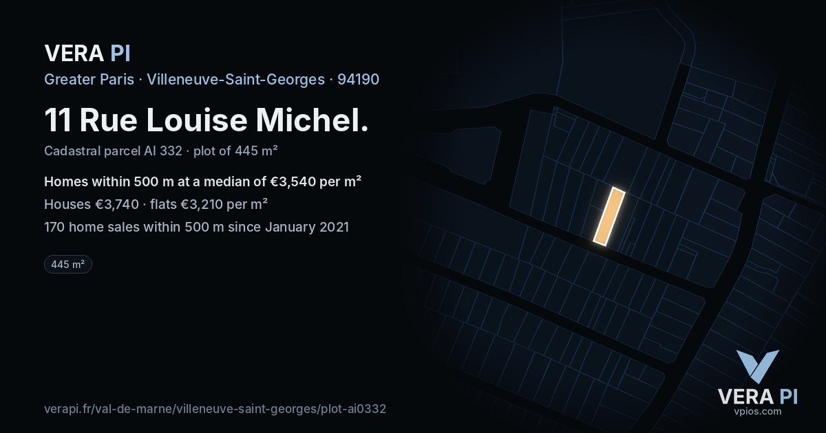 11 Rue Louise Michel, Villeneuve-Saint-Georges at night – the plot lit, the parcels around coloured by the prices near them