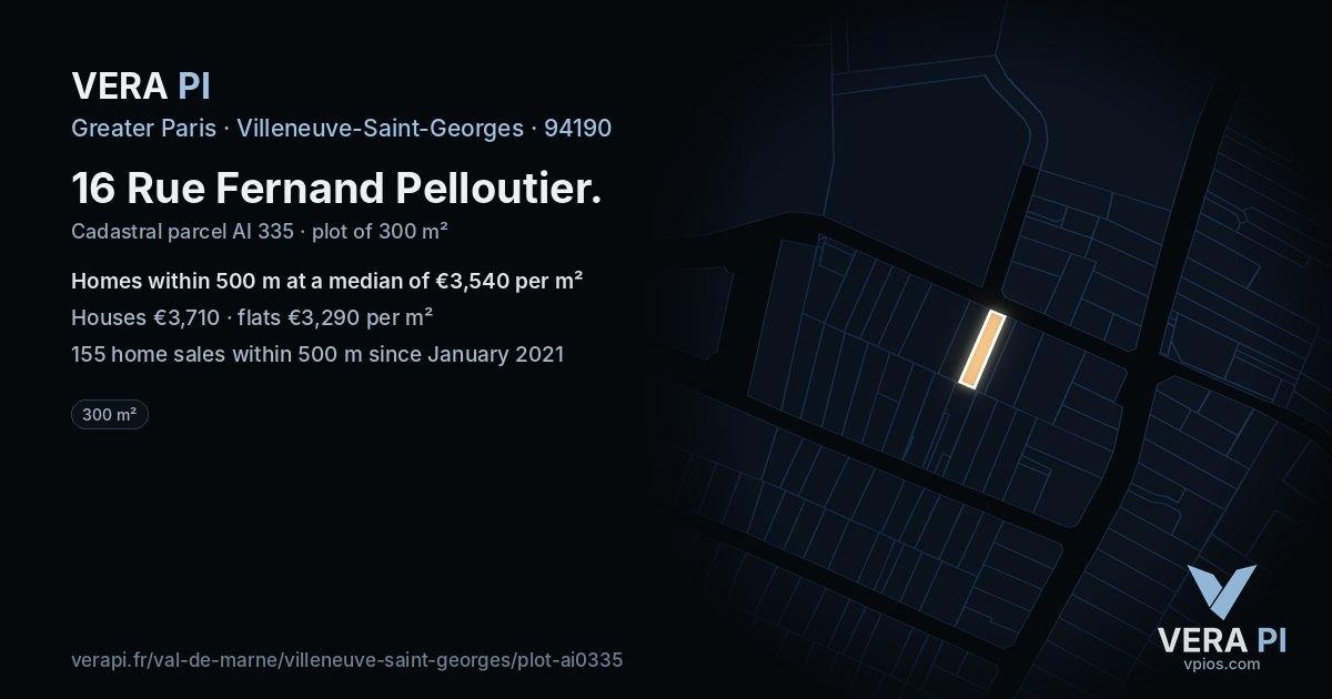 16 Rue Fernand Pelloutier, Villeneuve-Saint-Georges at night – the plot lit, the parcels around coloured by the prices near them