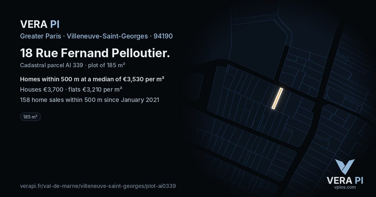 18 Rue Fernand Pelloutier, Villeneuve-Saint-Georges at night – the plot lit, the parcels around coloured by the prices near them