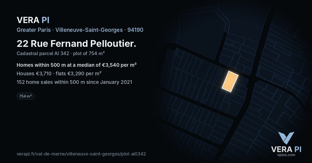 22 Rue Fernand Pelloutier, Villeneuve-Saint-Georges at night – the plot lit, the parcels around coloured by the prices near them