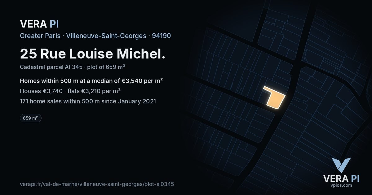 25 Rue Louise Michel, Villeneuve-Saint-Georges at night – the plot lit, the parcels around coloured by the prices near them